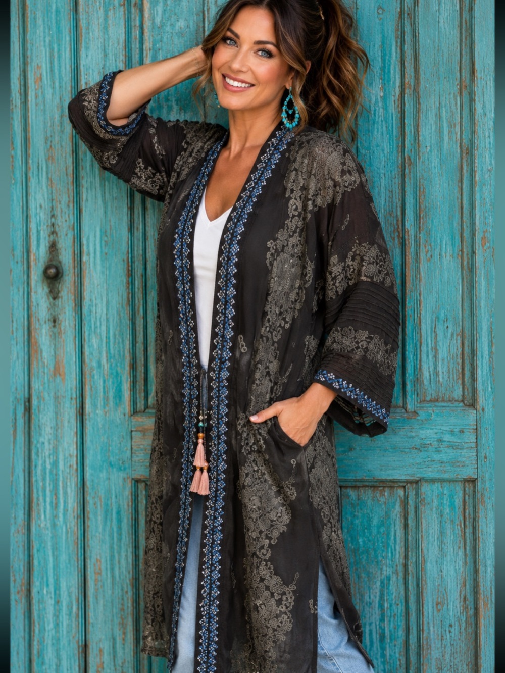 Johnny Was Iron Steel Bellamo Heavily Embroidered Verona Kimono (oversized)